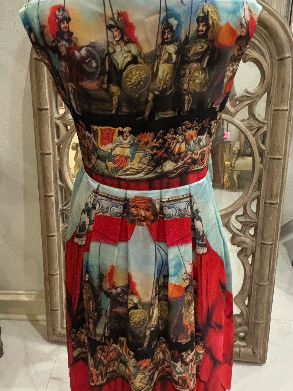 Vibrant Illustrated Sleeveless Fit-and-Flare Dress in Red & Light Blue - Picture 4 of 4